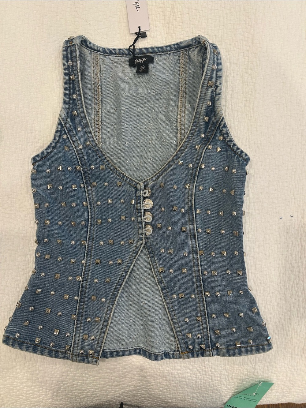 Nasty Gal Light Blue Denim Studded V-Neck Tank